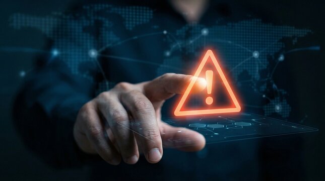 Business Hand Touching Warning Icon Representing Global Conflict Risk and Geopolitical Instability Concept