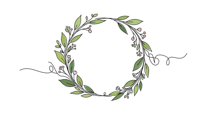 Delicate green foliage and pink buds form a circular wreath with flowing tendrils