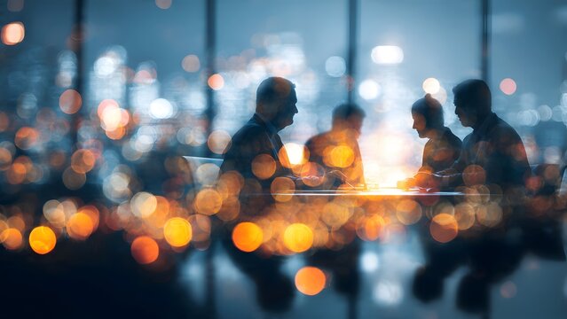 High-contrast corporate image of suits assembling 4-piece primary puzzle with sparkling city lights and soft bokeh symbolizing dynamic teamwork