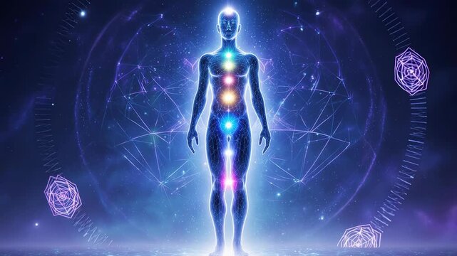 Visualization of the human energy field and chakra system. A radiant body glowing within a cosmic neural network of light. Metaphysical concept of consciousness and interconnectedness.