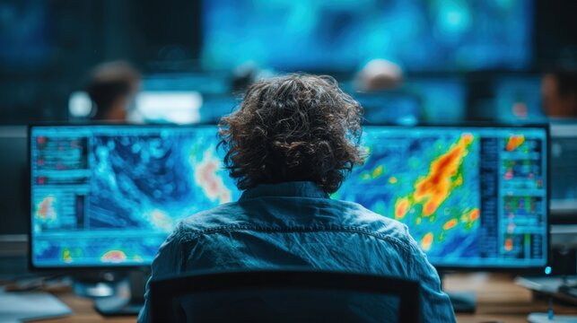 Hands navigate data interfaces while observing evolving patterns, with a softened background of charts underscoring methodical work and commitment to accurate weather forecasting.
