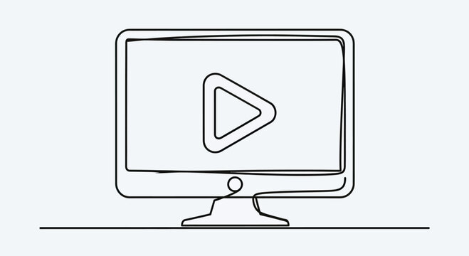 A minimalist black and white line drawing of a computer monitor with a play button
