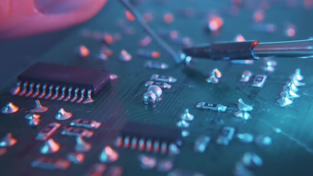 Close-up of a motherboard pc component repair. Man soldering a circuit board with soldering iron and solder