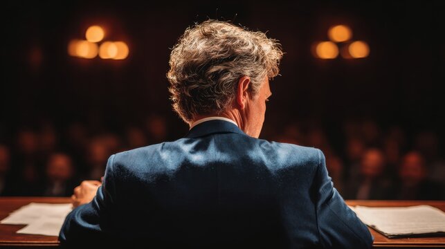 Hands move swiftly across keys, preserving dialogue with exact detail, as the blurred legal setting frames a role defined by accuracy, timing, and unwavering focus.