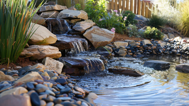 Serene backyard pond with small waterfall rocks and lush greenery perfect for relaxation and nature ambiance