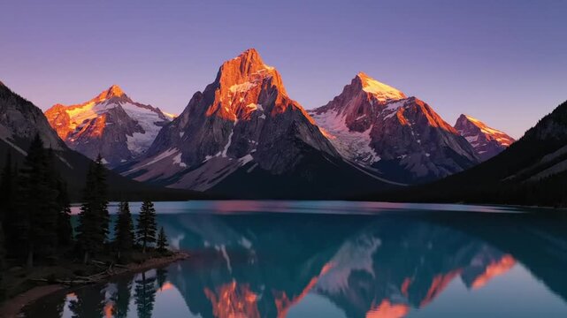 Stunning mountain sunrise reflecting on a teal-colored lake with purple sky in a serene landscape scene
