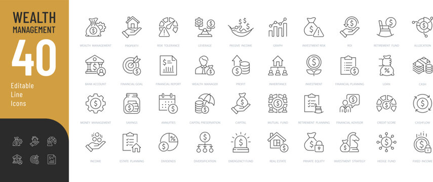 Wealth Management Line Editable Icons set. Vector illustration in modern thin style of finance related icons: property, finance planning, dividends, and more. Isolated on transparent background.