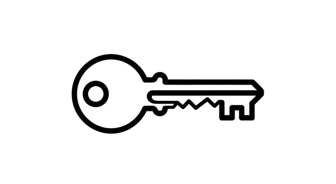 A minimalist black and white outline of a key with a round head and jagged teeth