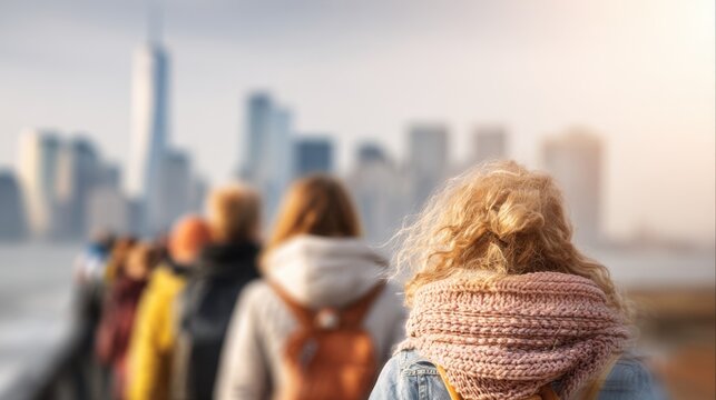 Viewed from behind, a travel guide navigates a group through attractions, with a blurred backdrop emphasizing tourism, connection, and the rhythm of guided exploration.
