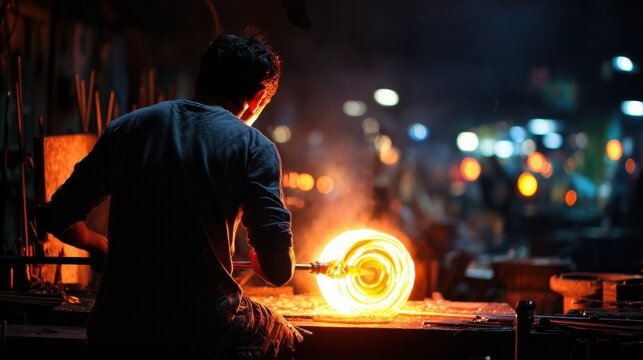 A glassblower shapes molten glass at a furnace, seen from behind, with blurred workshop surroundings highlighting craftsmanship, heat, and artistic precision.
