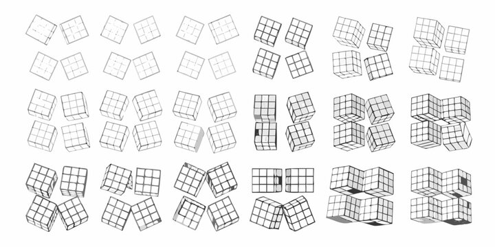 Isometric cube arrangements in varying stages of unfolding and assembly
