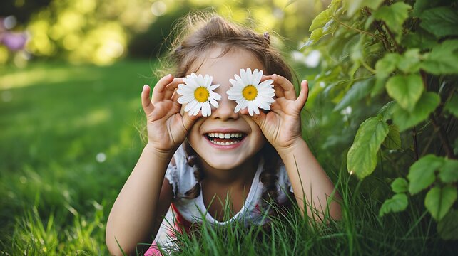 Happy Child Holding Daisy Flowers Over Eyes  Joy Nature and Summer Fun