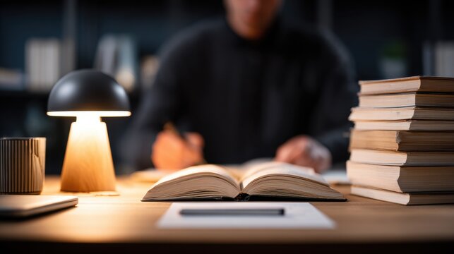 Seen from behind, a book editor studies manuscripts, with a blurred office setting that underscores thoughtful review, creativity, and the craft of publishing.
