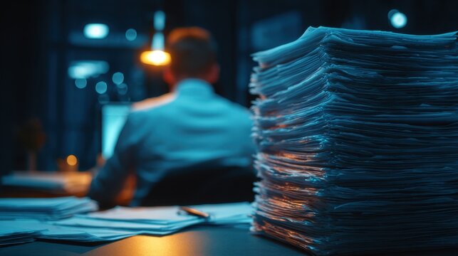 An editor works through pages at a desk, viewed from behind, as the blurred workspace reflects dedication, precision, and the development of written content.
