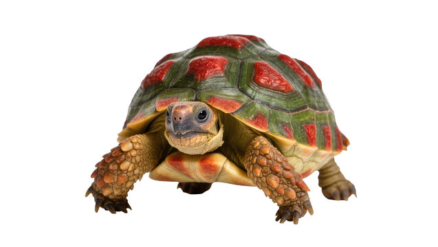 Captivating red-footed tortoise with distinctive red and green shell in studio portrait