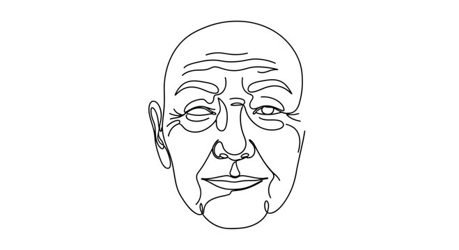 A minimalist, continuous line drawing captures the likeness of an elderly, balding man's face