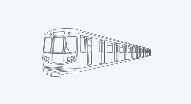 Minimalist line drawing of a train, with a perspective view and white background
