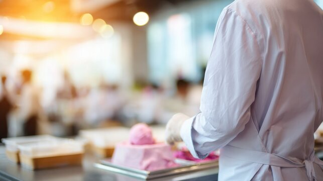 An ice cream maker stands at a preparation station, viewed from behind, with a blurred interior that emphasizes culinary skill, creativity, and the atmosphere of dessert making.
