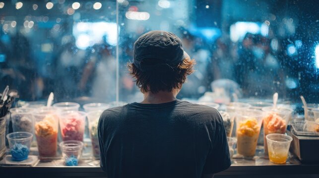From behind, a dessert maker prepares ice cream at a workstation, while the blurred shop setting enhances focus on technique, creativity, and the process of crafting treats.