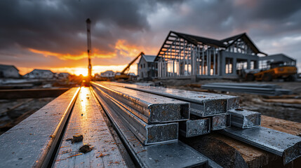 Fototapeta premium Steel beam construction site sunset building frame metal material industrial outdoor architecture structure crane construction equipment sunset light steel structure construction project building