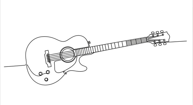 A minimalist black line drawing of an acoustic guitar against a white background