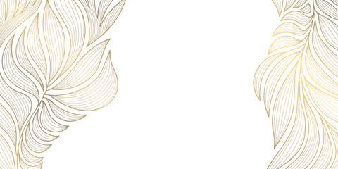 Luxury gold floral pattern with elegant line leaves and flowers on white background. Vector illustration, Japanese ornament with modern art deco style, organic shapes, flowing lines. © marylia17