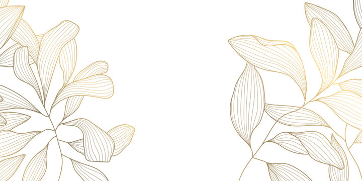 Luxury gold floral pattern with elegant line leaves and flowers on white background. Vector illustration, Japanese ornament with modern art deco style, organic shapes, flowing lines.