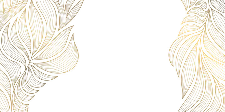 Luxury gold floral pattern with elegant line leaves and flowers on white background. Vector illustration, Japanese ornament with modern art deco style, organic shapes, flowing lines.