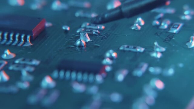 Close-up of a motherboard pc component repair. Man soldering a circuit board with soldering iron and solder