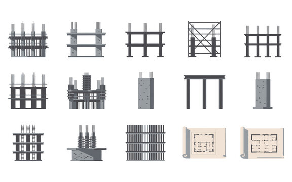 Set of reinforced concrete rebar frameworks and structural icons.