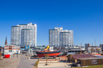 Obraz premium Apartment buildings at the Museumshafen in Bremerhaven, Germany