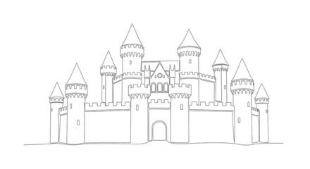 Stylized grey line drawing of a medieval castle with multiple towers and turrets © STwul