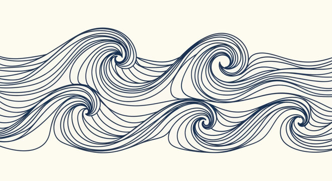 A simple, stylized depiction of rolling waves in dark blue lines on a cream background