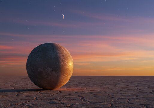 A massive smooth sphere rests upon a cracked, desolate plain beneath an impossibly vibrant sky, representing silence and existential emptiness, cracked, simple, dreamlike