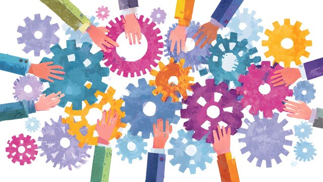 Anonymous but unified collaboration art where identity is reduced to hands while action of connecting gears communicates teamwork and shared purpose