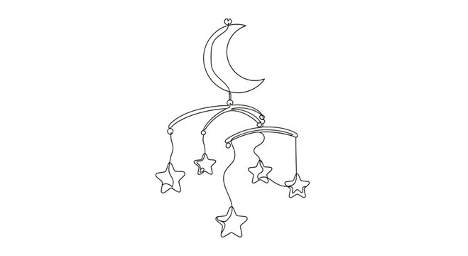 A simple line drawing of a baby mobile with a crescent moon and stars