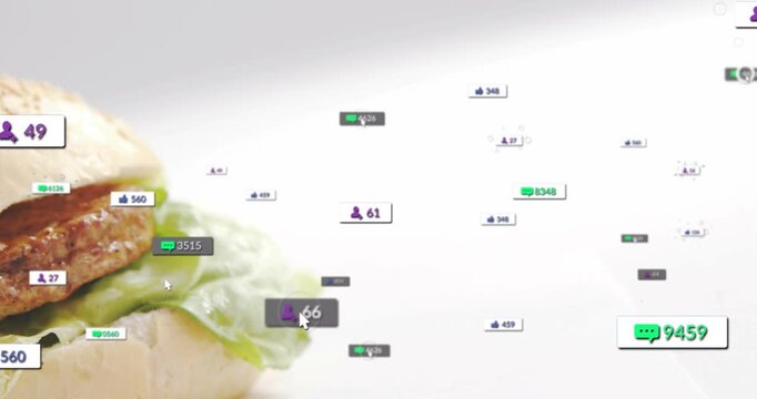 Sliding sesame-seed bun burger into white studio frame, metrics multiplying and showcasing product
