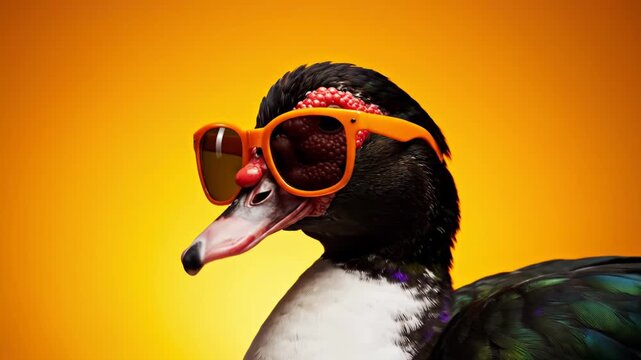 Close-up profile of a Muscovy duck wearing bright orange sunglasses with dark lenses, featuring red facial caruncles and iridescent black feathers against a yellow background.