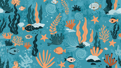 Fototapeta premium Beautiful underwater seamless pattern of colorful fish seaweed coral and starfish on a deep blue ocean background for a marine theme.