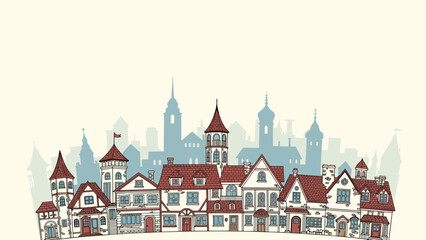 Fototapeta premium Charming illustration of an old european town skyline with colorful historic buildings and silhouetted spires under a warm light sky.