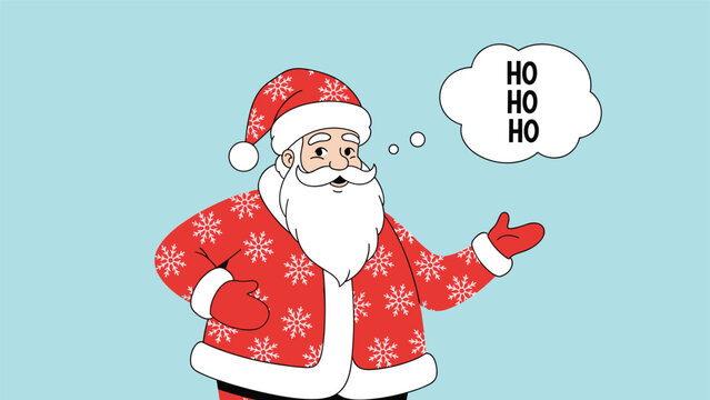 Jolly santa claus cartoon character in his red suit with a white beard pointing to a ho ho ho speech bubble over a light blue background.