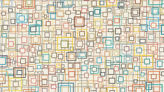 Geometric abstract pattern of nested colorful squares and rectangles in muted tones creating a complex and modern grid-like design.