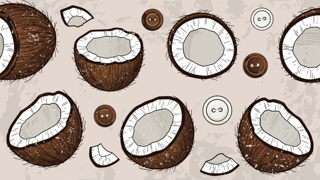 Creative pattern featuring half coconuts pieces and colorful buttons on a textured light brown background for an exotic tropical feel.
