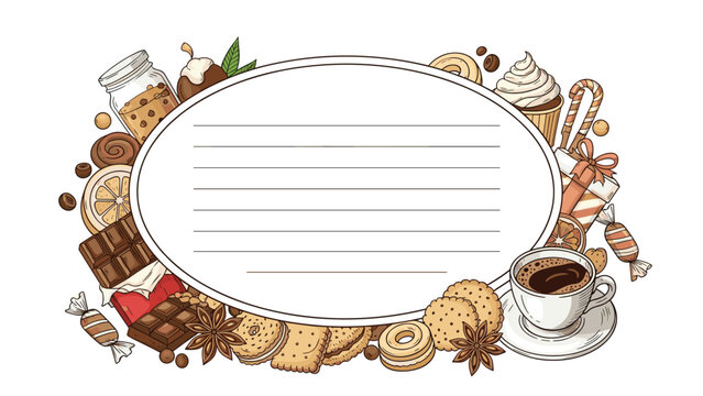 Delicious composition of various sweets cookies chocolates and a cup of coffee surrounding a blank oval frame for a bakery or cafe menu.