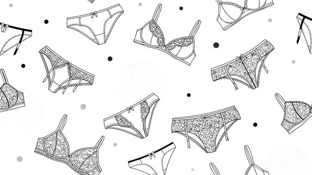 Delicate seamless pattern of feminine lace lingerie pieces including bras and panties on a white background.
