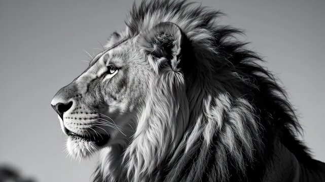 Majestic male lion profile with thick mane in monochrome black and white photography