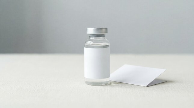 A small clear glass vial with a blank white label and a folded blank white card beside it on a light surface.