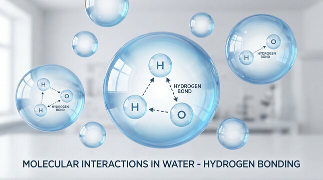 Illustration of molecular interactions in water, highlighting hydrogen bonding between hydrogen and oxygen atoms inside water molecules.