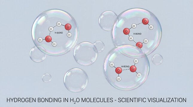 Visualization of hydrogen bonding interactions between H2O molecules, showing oxygen and hydrogen atoms within transparent bubbles.