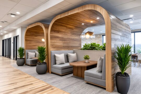 Modern office coworking space with wooden pods and plants